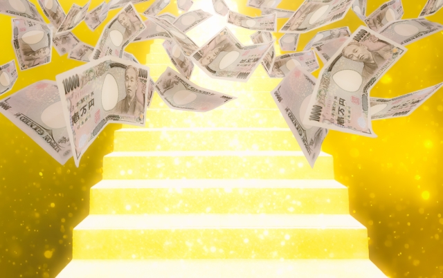 ゴールドの階段から降る金粉と1万円札